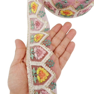 9 Yards Rose Taupe Soft Net Lace Trim Floral Embroidery and Gold Sequins, Floral Sari Border, Decorative Trim